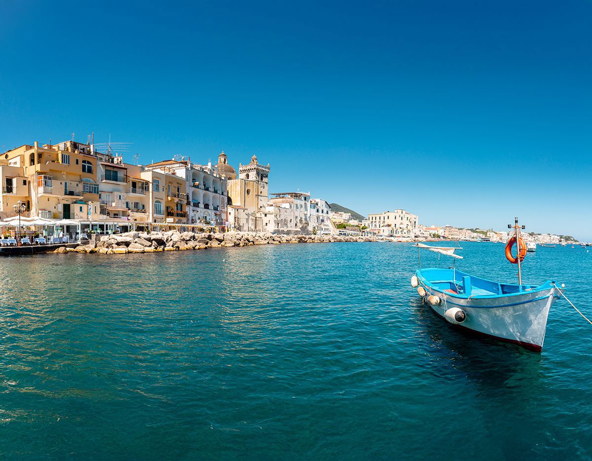 view of Ischia Ponte with sea and boats