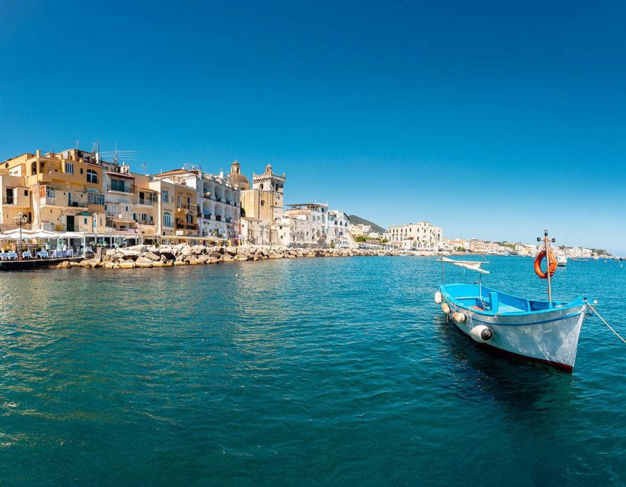 view of Ischia Ponte with sea and boats